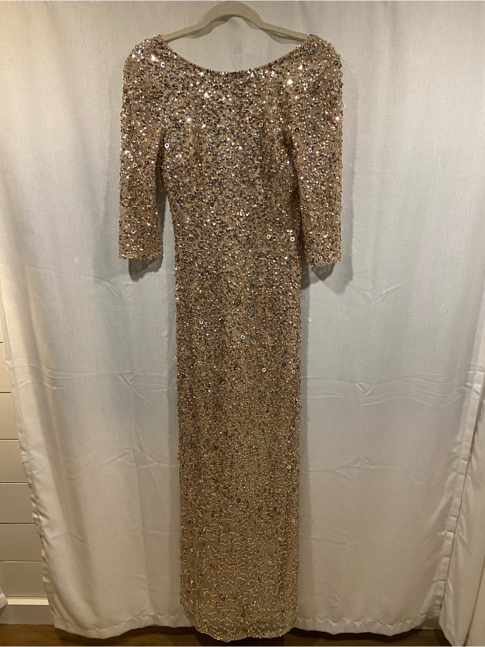 Adrianna Papell Champagne Sequin Long Sleeve Evening Gown